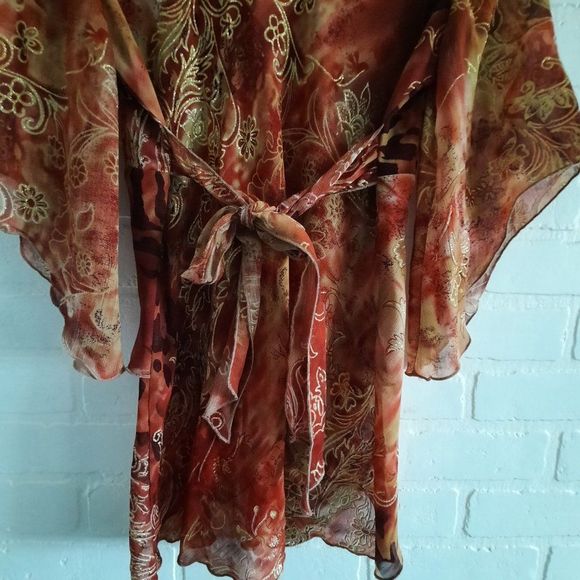 Laura Petites Rust tones Gold Glitter Semi Sheer Layered Tie Back Blouse Small P - Picture 8 of 11